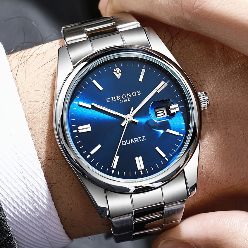 CHRONOS Vintage Men'S Quartz Watch with Calendar - 30.0meter Stainless Steel Strap, Round Zinc Alloy Case, Luminous Hands, Electronic Quartz Movement, Casual Business Style Wristwatch