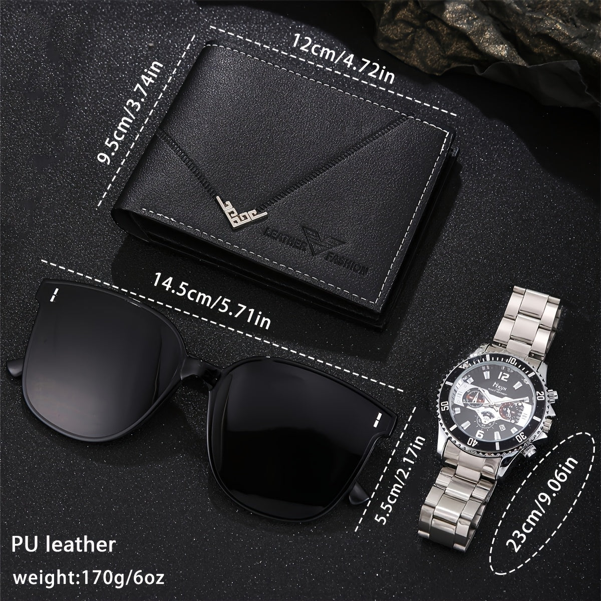Juego de 3 carteras deportivas de piel sintética para hombre, reloj de cuarzo y gafas, caja de regalo.