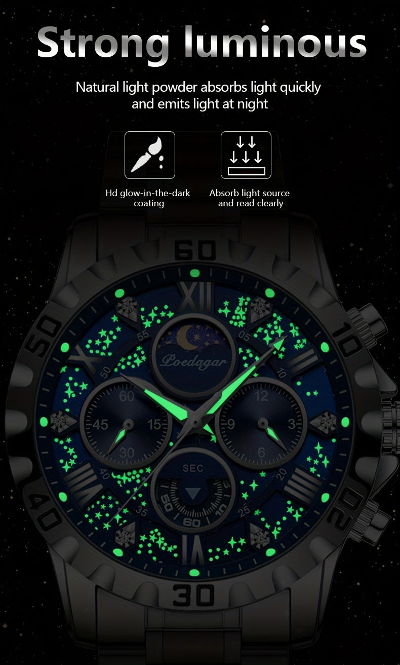 POEDAGAR 2024 - Reloj cronógrafo de cuarzo para hombre, nuevo modelo Business Executivo, resistente al agua, luz nocturna y correa de acero inoxidable.