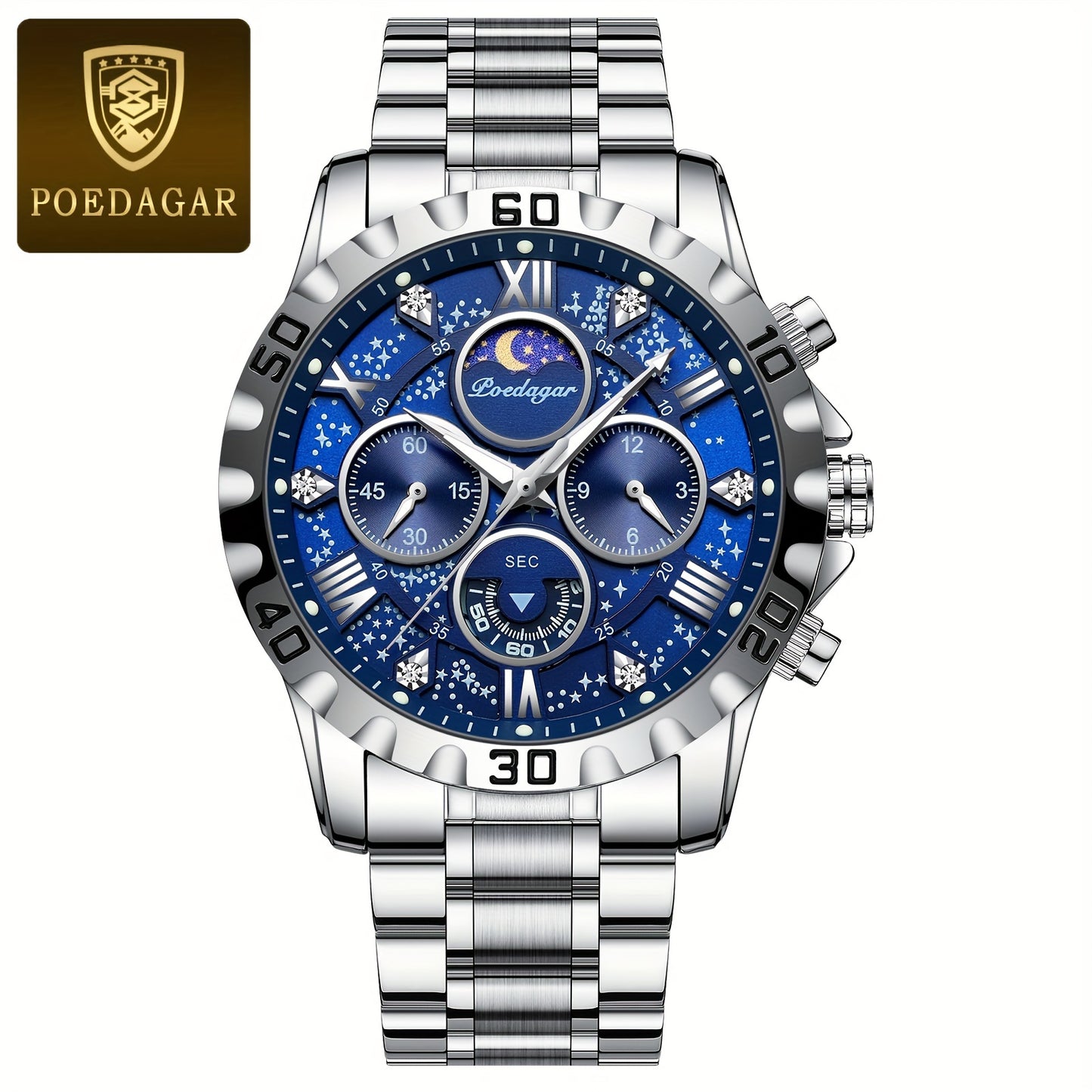 POEDAGAR 2024 - Reloj cronógrafo de cuarzo para hombre, nuevo modelo Business Executivo, resistente al agua, luz nocturna y correa de acero inoxidable.