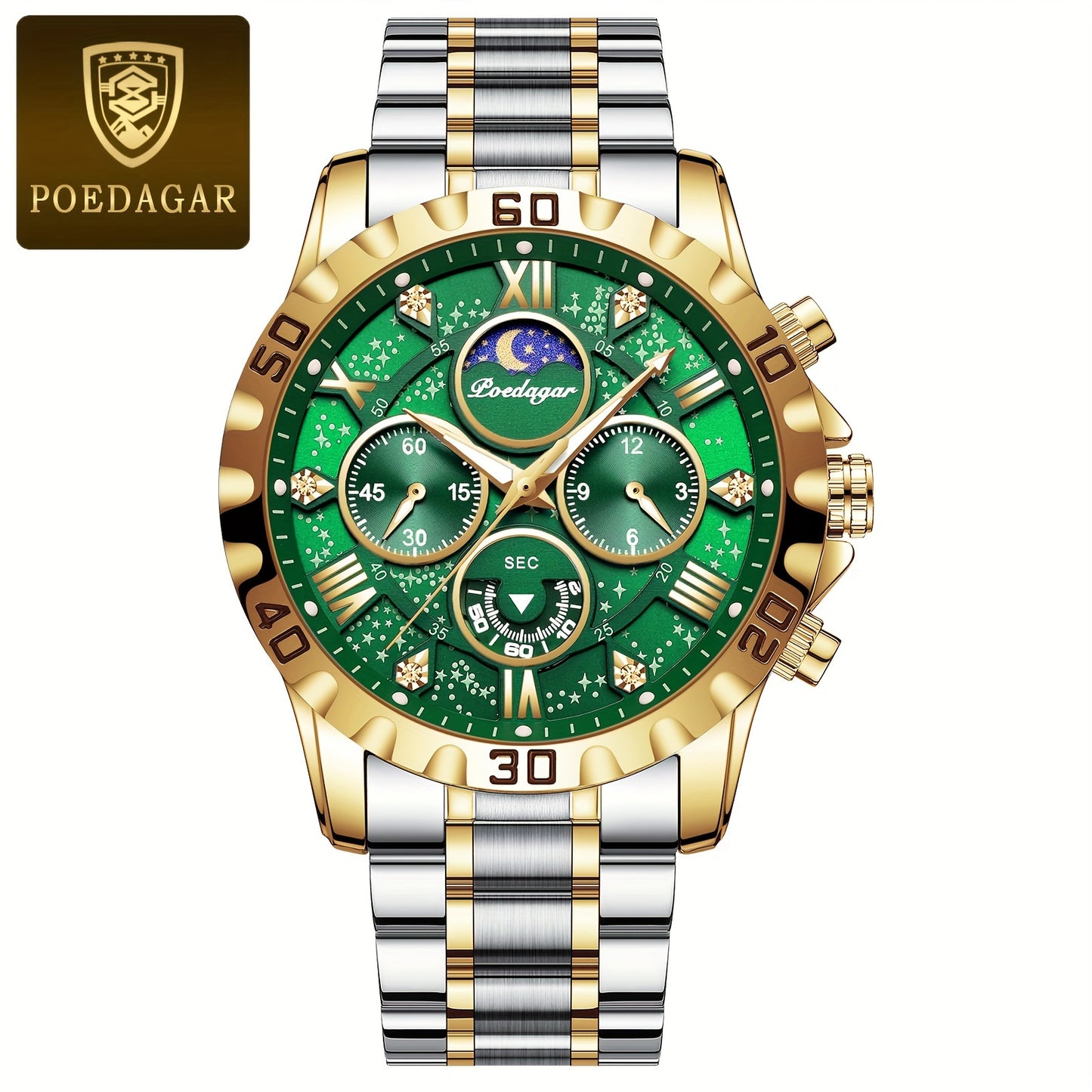 POEDAGAR 2024 - Reloj cronógrafo de cuarzo para hombre, nuevo modelo Business Executivo, resistente al agua, luz nocturna y correa de acero inoxidable.