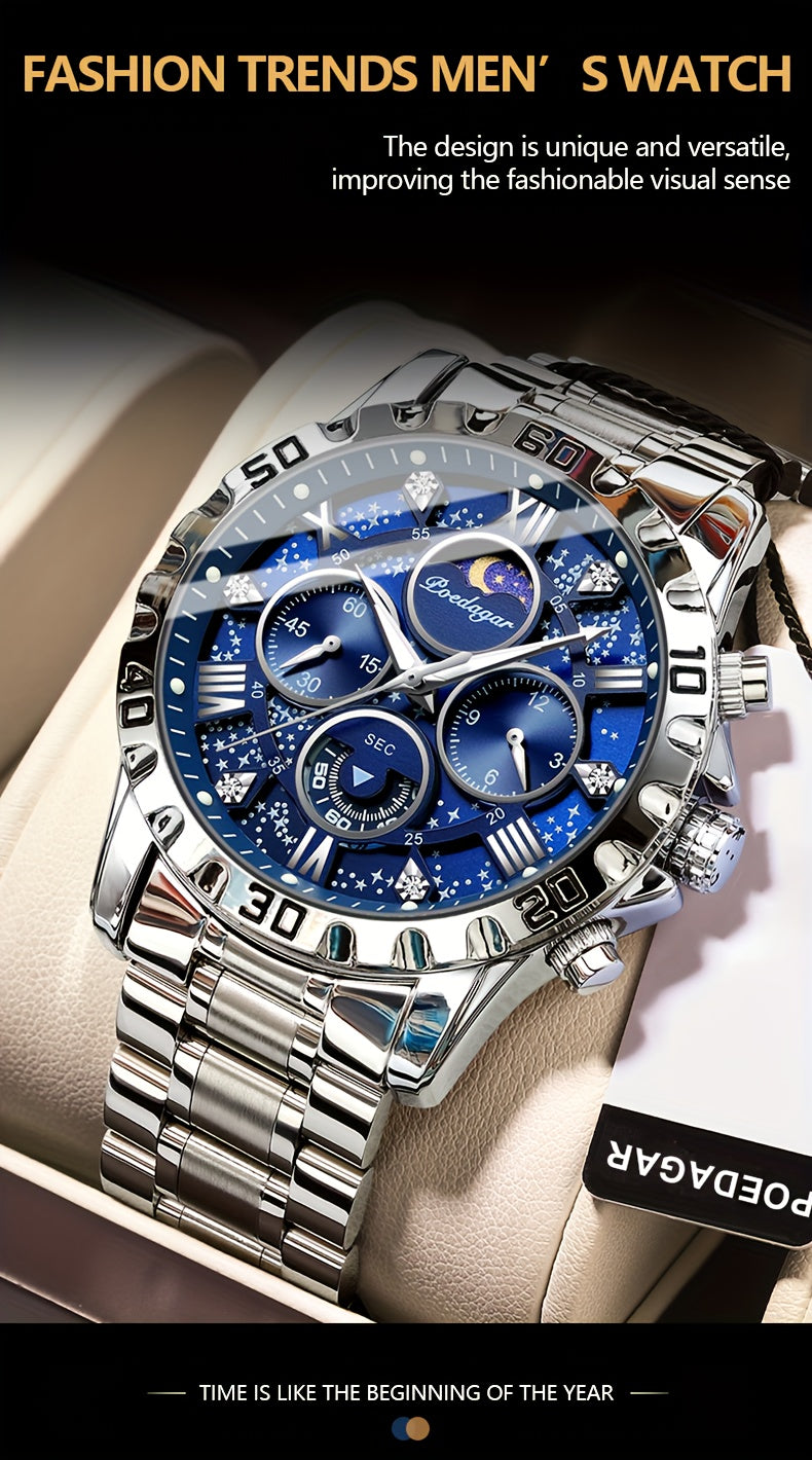 POEDAGAR 2024 - Reloj cronógrafo de cuarzo para hombre, nuevo modelo Business Executivo, resistente al agua, luz nocturna y correa de acero inoxidable.