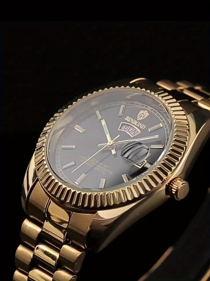 Reloj de cuarzo para hombre, estilo ejecutivo, esfera redonda, correa de acero inoxidable, caja de aleación de zinc, con calendario, no impermeable, accionamiento electrónico, indicador de hora, para un elegante clásico azul.