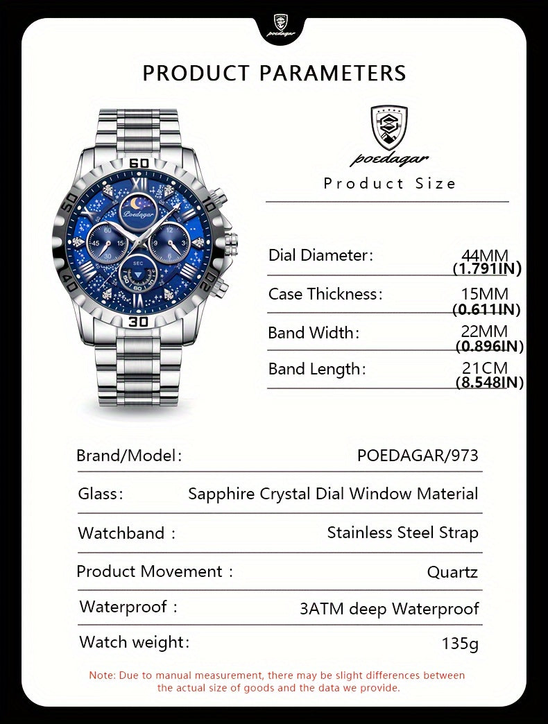 POEDAGAR 2024 - Reloj cronógrafo de cuarzo para hombre, nuevo modelo Business Executivo, resistente al agua, luz nocturna y correa de acero inoxidable.