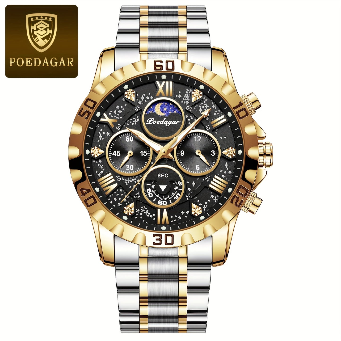 POEDAGAR 2024 - Reloj cronógrafo de cuarzo para hombre, nuevo modelo Business Executivo, resistente al agua, luz nocturna y correa de acero inoxidable.