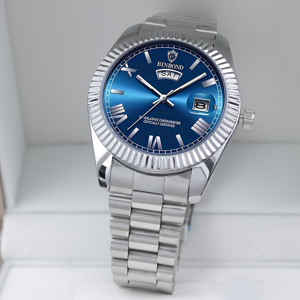 Reloj de cuarzo para hombre, estilo ejecutivo, esfera redonda, correa de acero inoxidable, caja de aleación de zinc, con calendario, no impermeable, accionamiento electrónico, indicador de hora, para un elegante clásico azul.