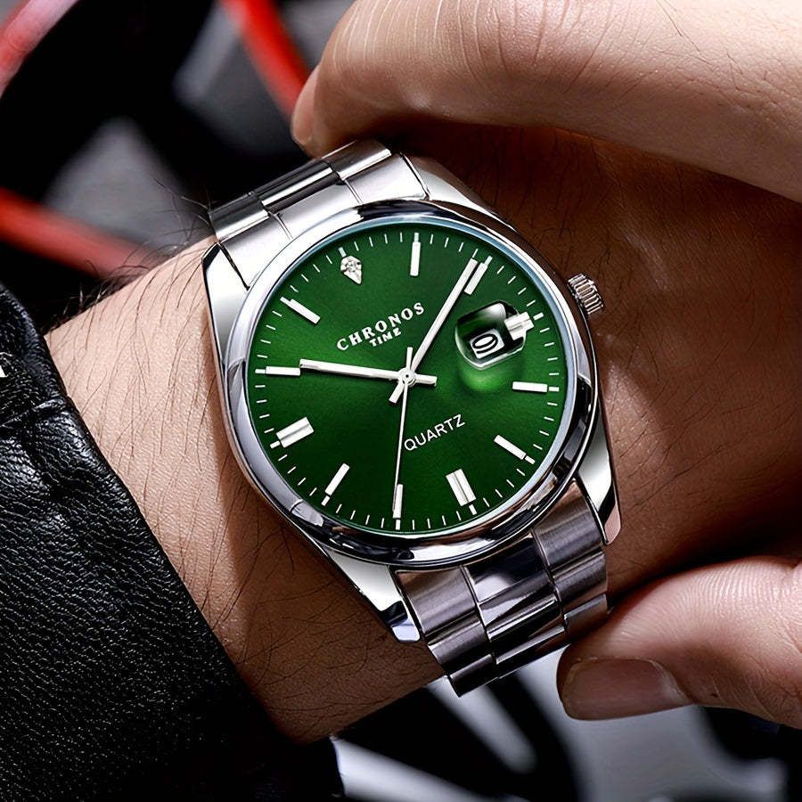 CHRONOS Vintage Men'S Quartz Watch with Calendar - 30.0meter Stainless Steel Strap, Round Zinc Alloy Case, Luminous Hands, Electronic Quartz Movement, Casual Business Style Wristwatch