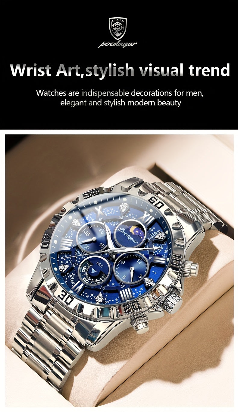 POEDAGAR 2024 - Reloj cronógrafo de cuarzo para hombre, nuevo modelo Business Executivo, resistente al agua, luz nocturna y correa de acero inoxidable.