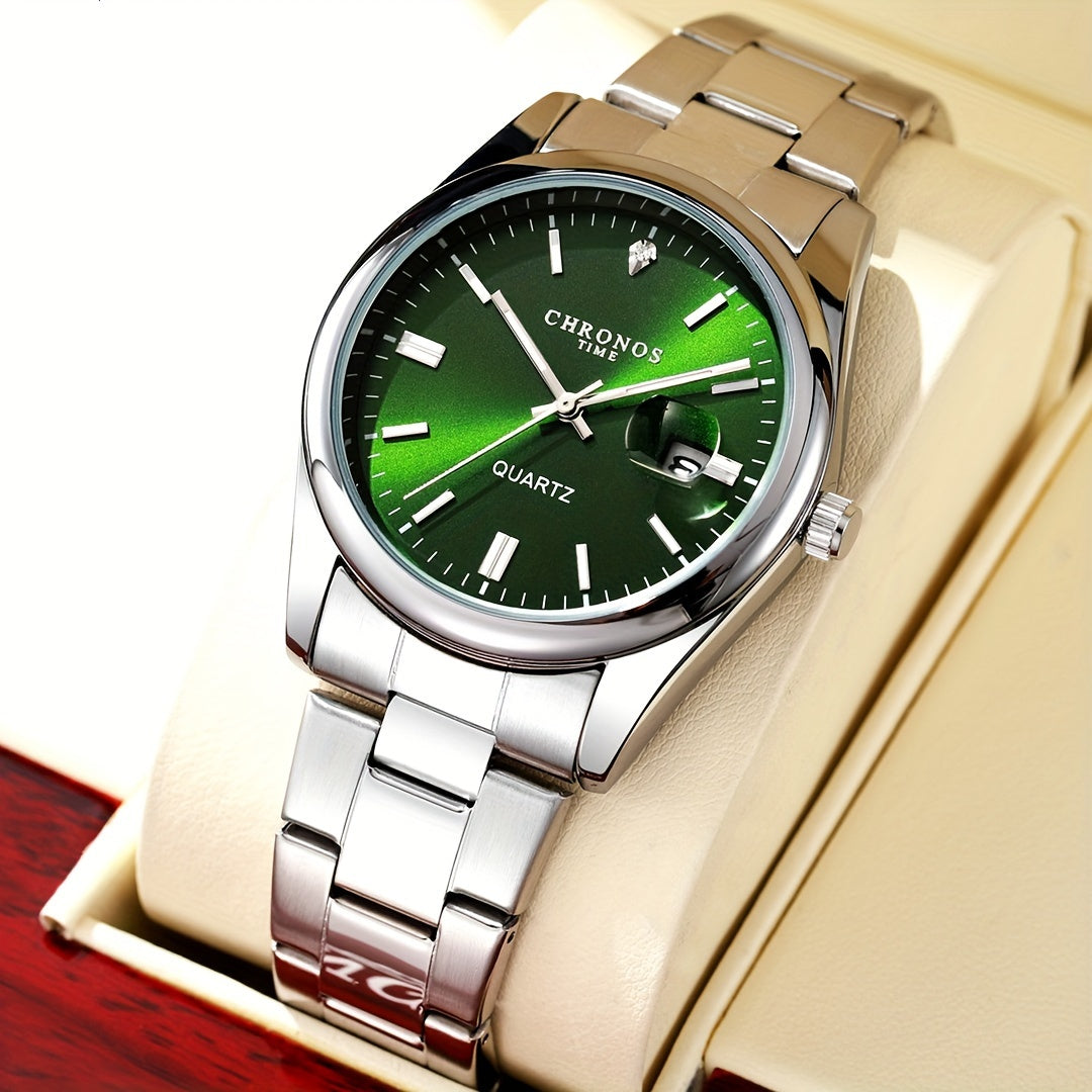 CHRONOS Vintage Men'S Quartz Watch with Calendar - 30.0meter Stainless Steel Strap, Round Zinc Alloy Case, Luminous Hands, Electronic Quartz Movement, Casual Business Style Wristwatch