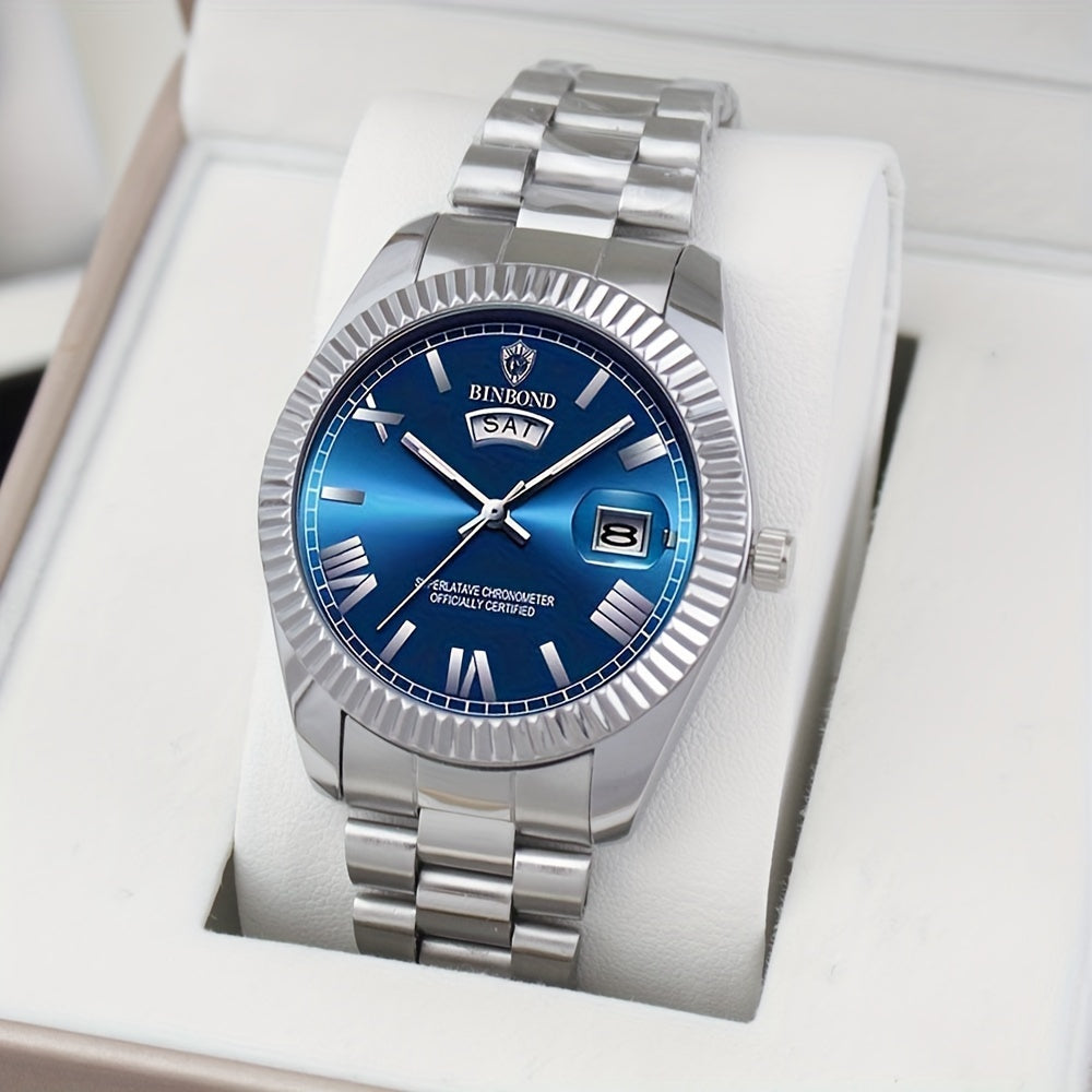 Reloj de cuarzo para hombre, estilo ejecutivo, esfera redonda, correa de acero inoxidable, caja de aleación de zinc, con calendario, no impermeable, accionamiento electrónico, indicador de hora, para un elegante clásico azul.