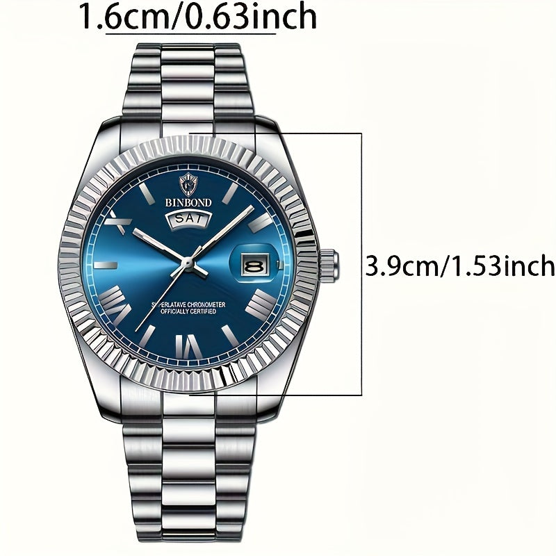 Reloj de cuarzo para hombre, estilo ejecutivo, esfera redonda, correa de acero inoxidable, caja de aleación de zinc, con calendario, no impermeable, accionamiento electrónico, indicador de hora, para un elegante clásico azul.