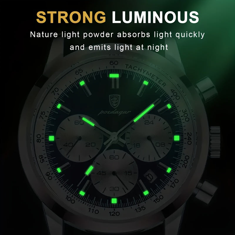 Reloj de cuarzo informal de lujo para hombre, resistente al agua, con calendario luminoso y correa de piel sintética, esfera redonda - POEDAGAR