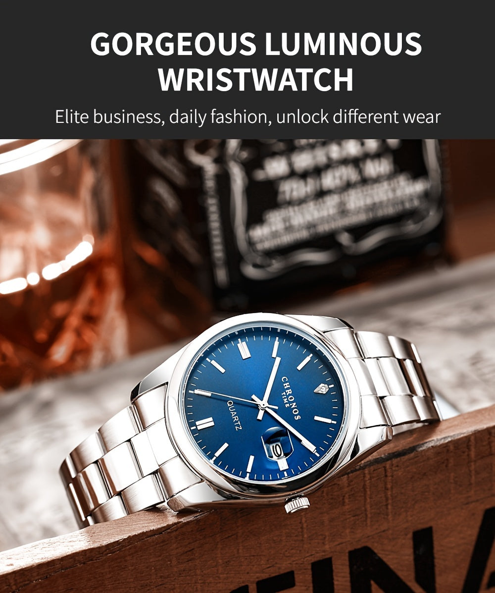 CHRONOS Vintage Men'S Quartz Watch with Calendar - 30.0meter Stainless Steel Strap, Round Zinc Alloy Case, Luminous Hands, Electronic Quartz Movement, Casual Business Style Wristwatch