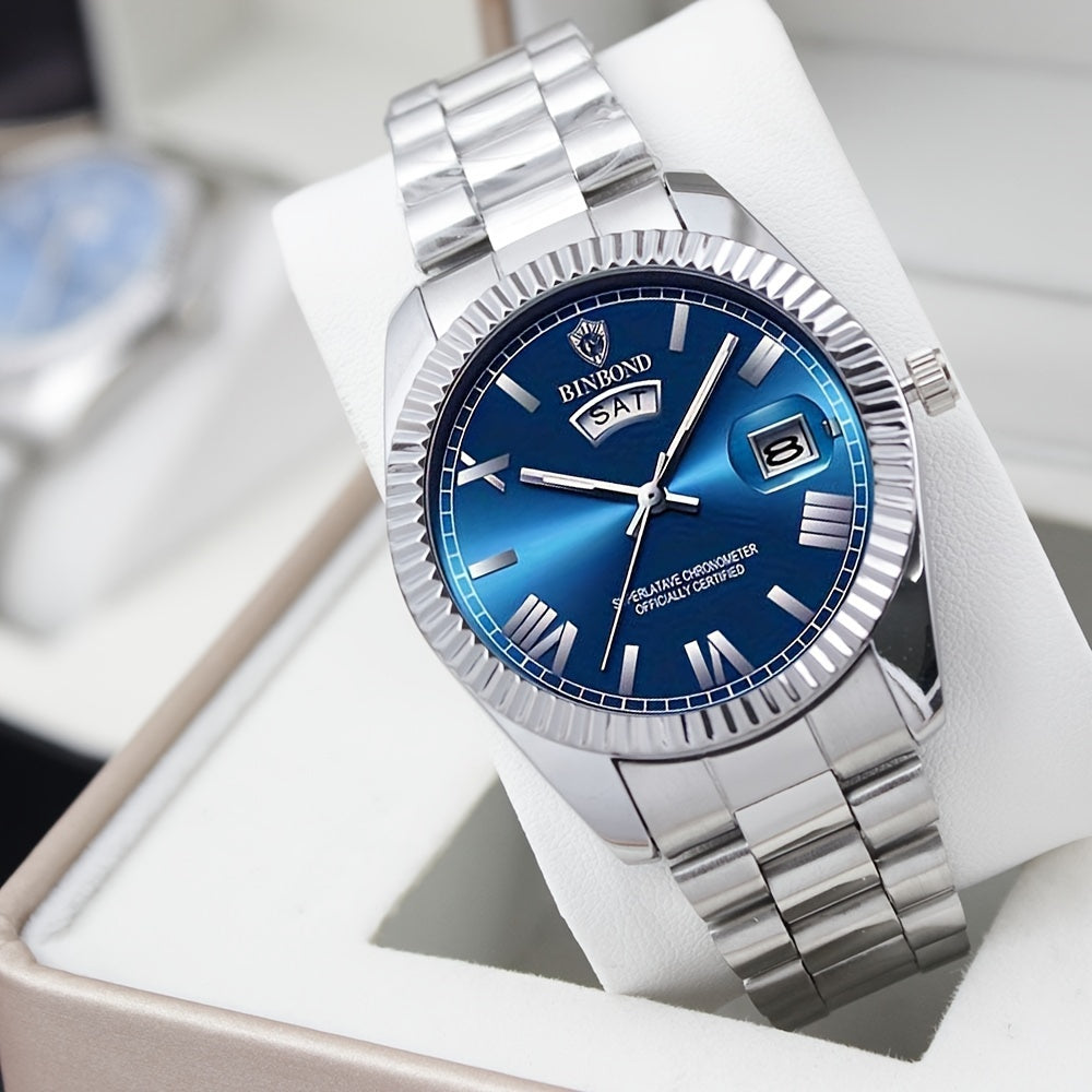 Reloj de cuarzo para hombre, estilo ejecutivo, esfera redonda, correa de acero inoxidable, caja de aleación de zinc, con calendario, no impermeable, accionamiento electrónico, indicador de hora, para un elegante clásico azul.