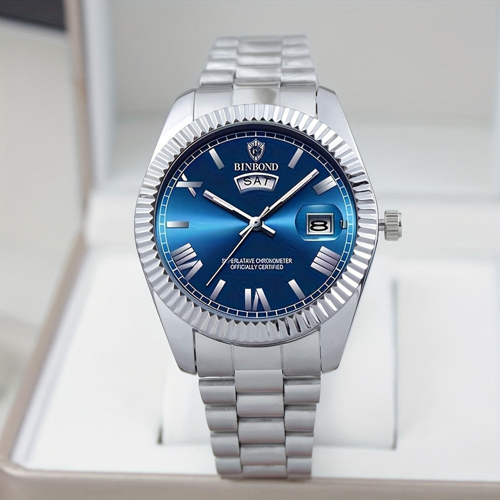 Reloj de cuarzo para hombre, estilo ejecutivo, esfera redonda, correa de acero inoxidable, caja de aleación de zinc, con calendario, no impermeable, accionamiento electrónico, indicador de hora, para un elegante clásico azul.