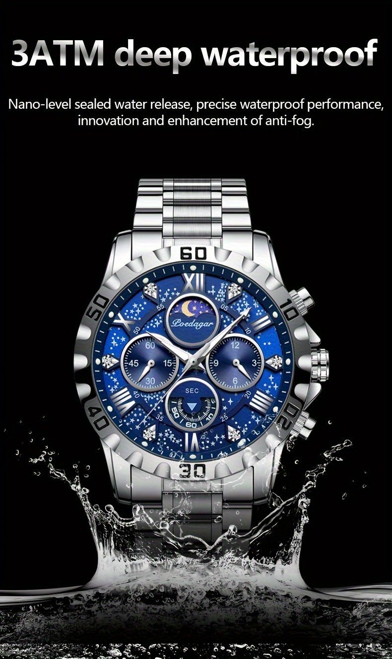 POEDAGAR 2024 - Reloj cronógrafo de cuarzo para hombre, nuevo modelo Business Executivo, resistente al agua, luz nocturna y correa de acero inoxidable.