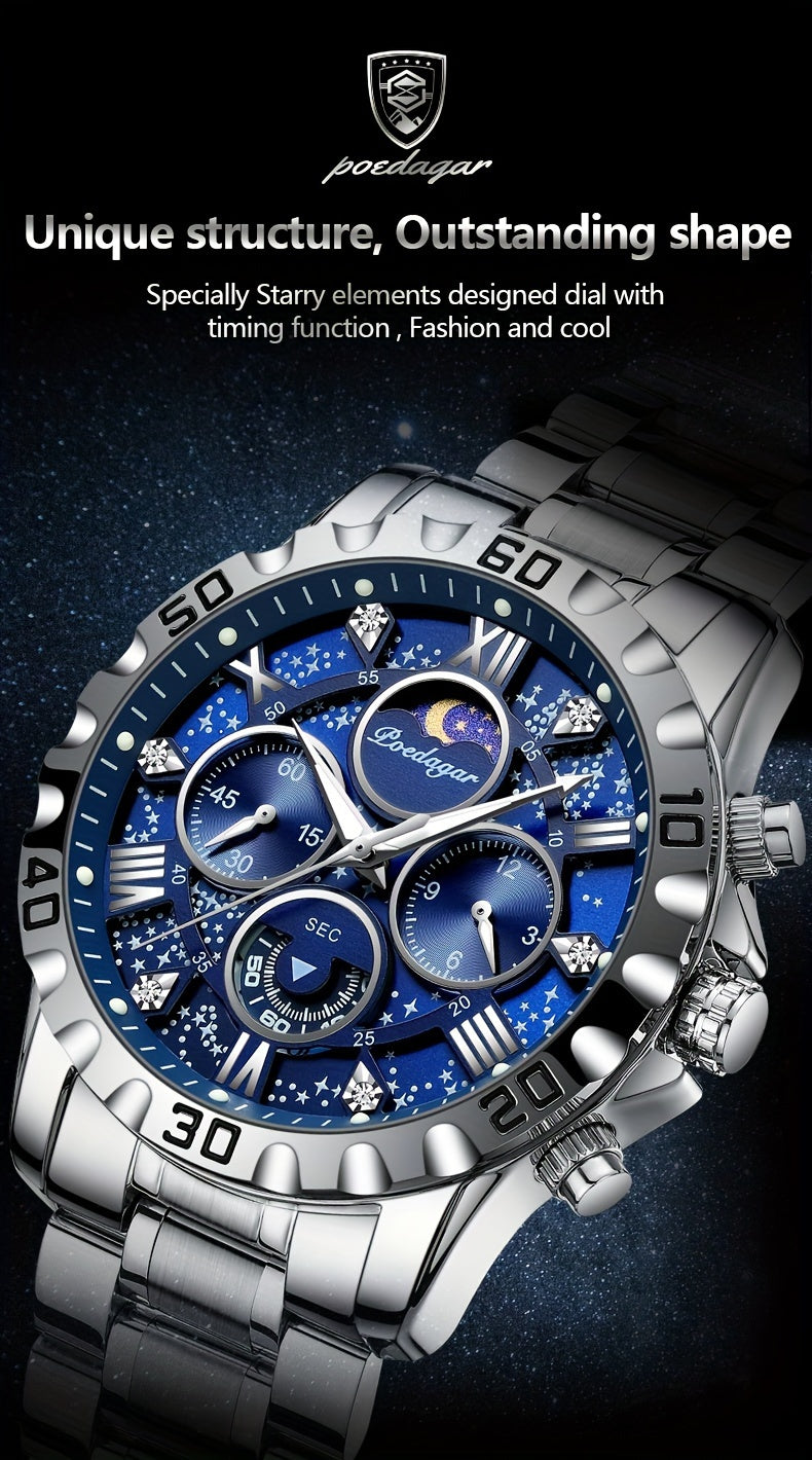 POEDAGAR 2024 - Reloj cronógrafo de cuarzo para hombre, nuevo modelo Business Executivo, resistente al agua, luz nocturna y correa de acero inoxidable.