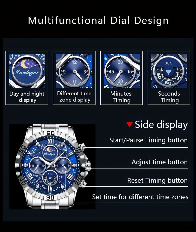 POEDAGAR 2024 - Reloj cronógrafo de cuarzo para hombre, nuevo modelo Business Executivo, resistente al agua, luz nocturna y correa de acero inoxidable.