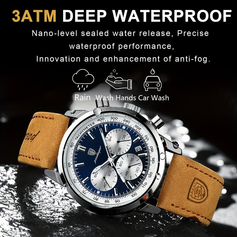Reloj de cuarzo informal de lujo para hombre, resistente al agua, con calendario luminoso y correa de piel sintética, esfera redonda - POEDAGAR