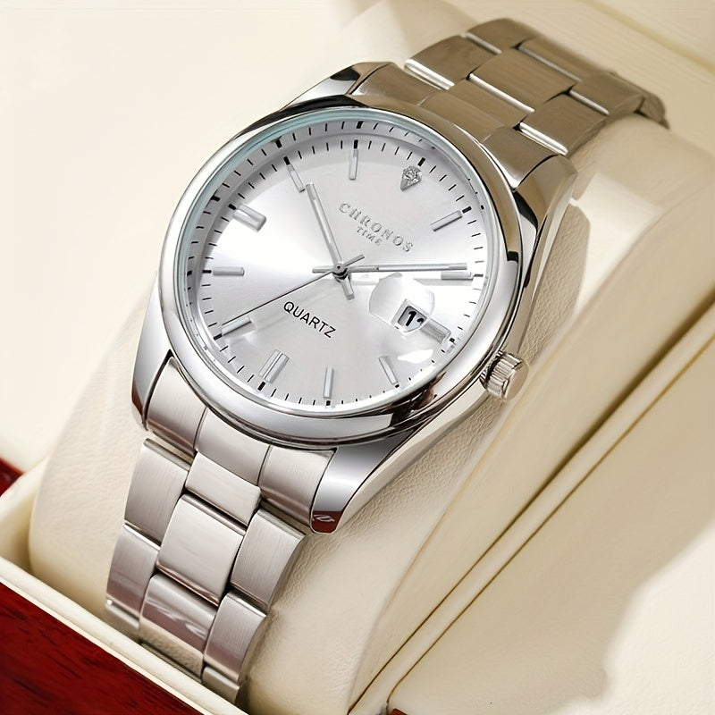 CHRONOS Vintage Men'S Quartz Watch with Calendar - 30.0meter Stainless Steel Strap, Round Zinc Alloy Case, Luminous Hands, Electronic Quartz Movement, Casual Business Style Wristwatch