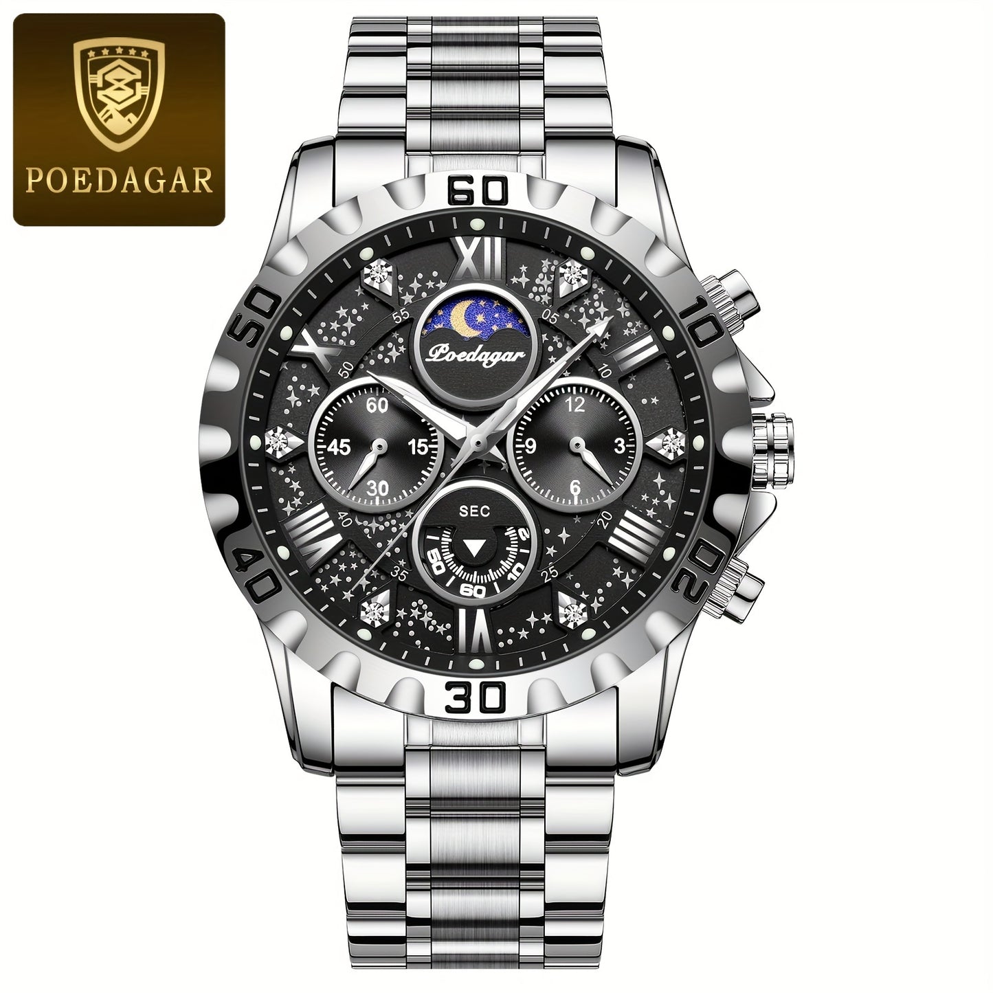 POEDAGAR 2024 - Reloj cronógrafo de cuarzo para hombre, nuevo modelo Business Executivo, resistente al agua, luz nocturna y correa de acero inoxidable.