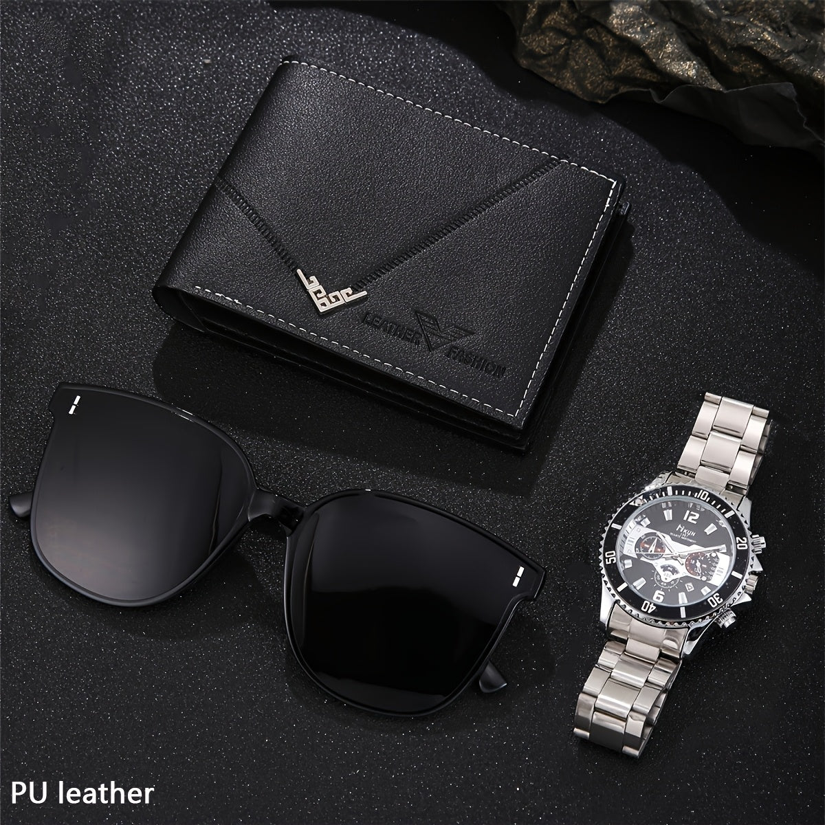 Juego de 3 carteras deportivas de piel sintética para hombre, reloj de cuarzo y gafas, caja de regalo.