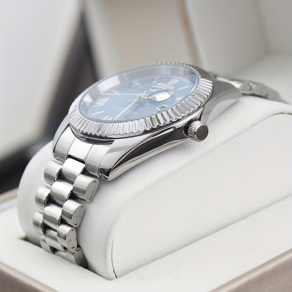 Reloj de cuarzo para hombre, estilo ejecutivo, esfera redonda, correa de acero inoxidable, caja de aleación de zinc, con calendario, no impermeable, accionamiento electrónico, indicador de hora, para un elegante clásico azul.