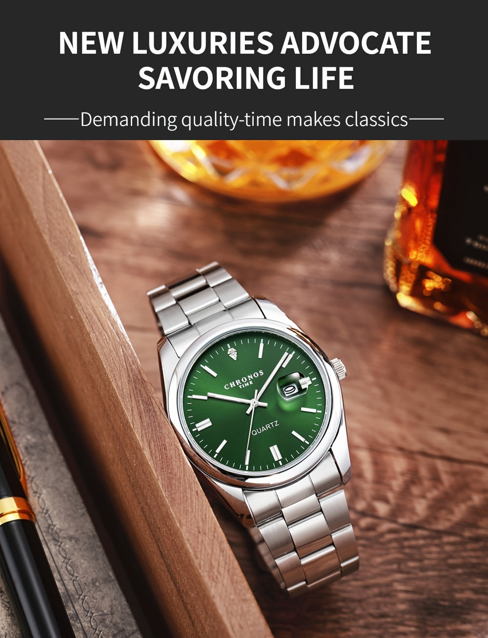 CHRONOS Vintage Men'S Quartz Watch with Calendar - 30.0meter Stainless Steel Strap, Round Zinc Alloy Case, Luminous Hands, Electronic Quartz Movement, Casual Business Style Wristwatch