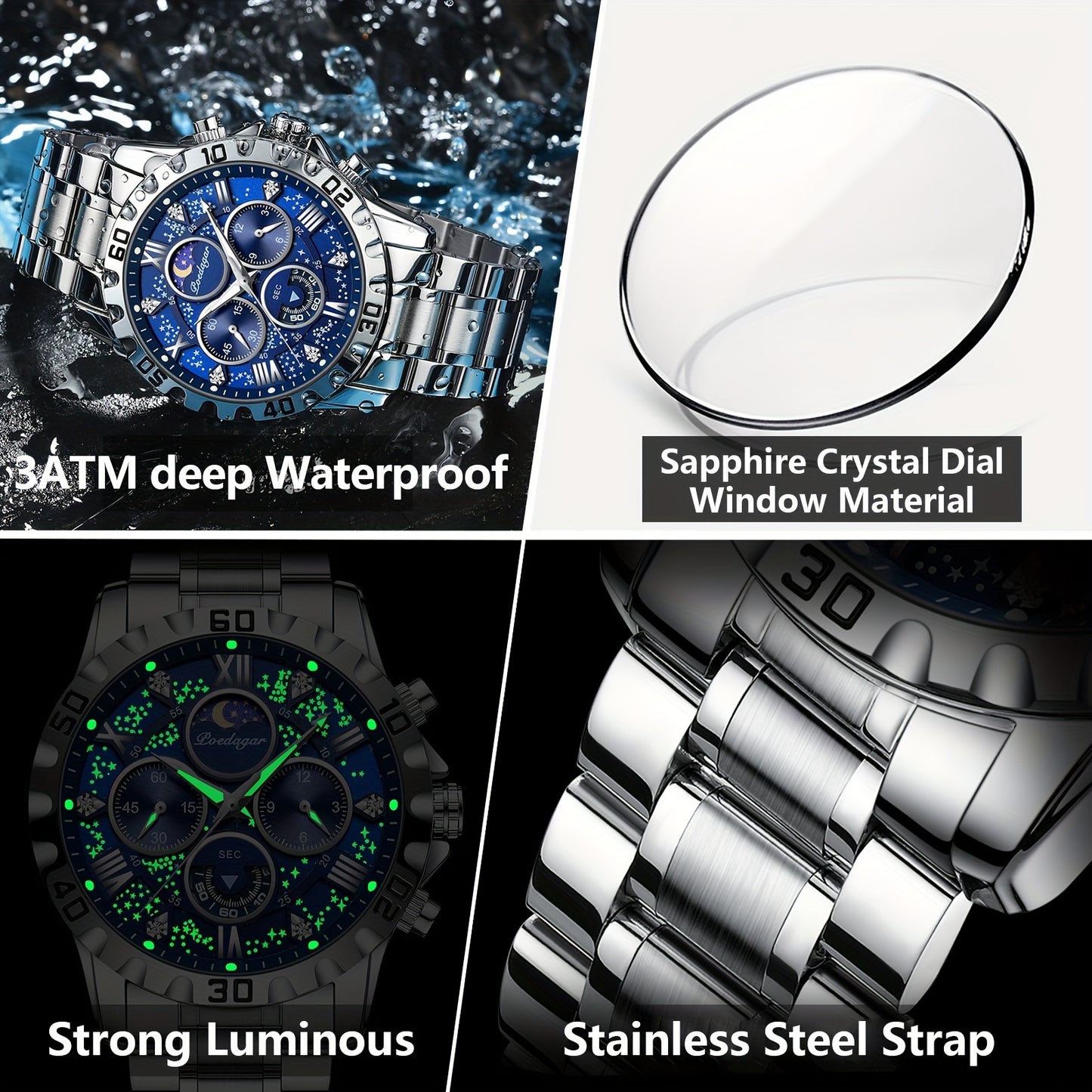 POEDAGAR 2024 - Reloj cronógrafo de cuarzo para hombre, nuevo modelo Business Executivo, resistente al agua, luz nocturna y correa de acero inoxidable.