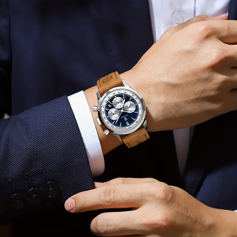 Reloj de cuarzo informal de lujo para hombre, resistente al agua, con calendario luminoso y correa de piel sintética, esfera redonda - POEDAGAR