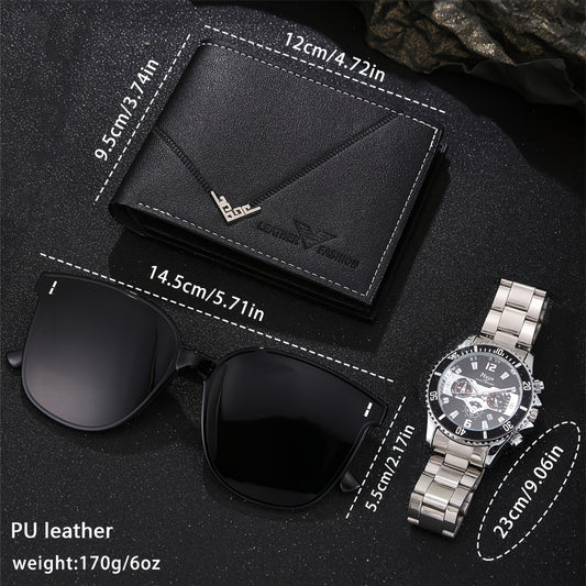 Juego de 3 carteras deportivas de piel sintética para hombre, reloj de cuarzo y gafas, caja de regalo.