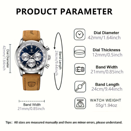 Reloj de cuarzo informal de lujo para hombre, resistente al agua, con calendario luminoso y correa de piel sintética, esfera redonda - POEDAGAR