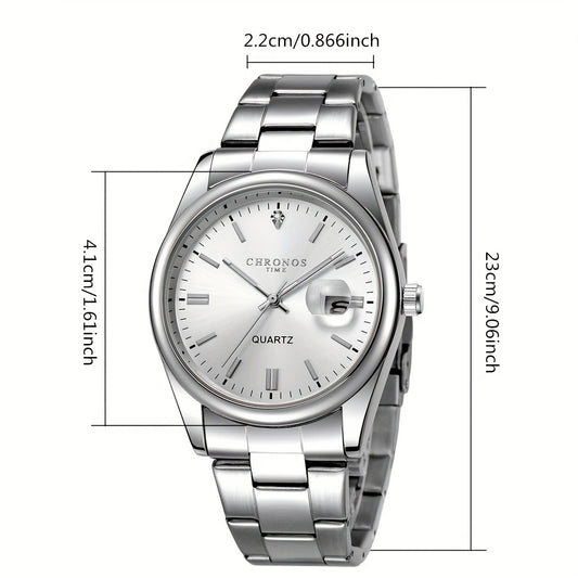 CHRONOS Vintage Men'S Quartz Watch with Calendar - 30.0meter Stainless Steel Strap, Round Zinc Alloy Case, Luminous Hands, Electronic Quartz Movement, Casual Business Style Wristwatch