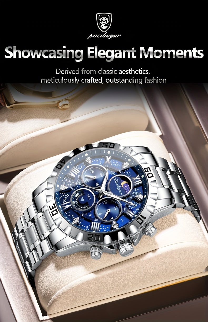 POEDAGAR 2024 - Reloj cronógrafo de cuarzo para hombre, nuevo modelo Business Executivo, resistente al agua, luz nocturna y correa de acero inoxidable.