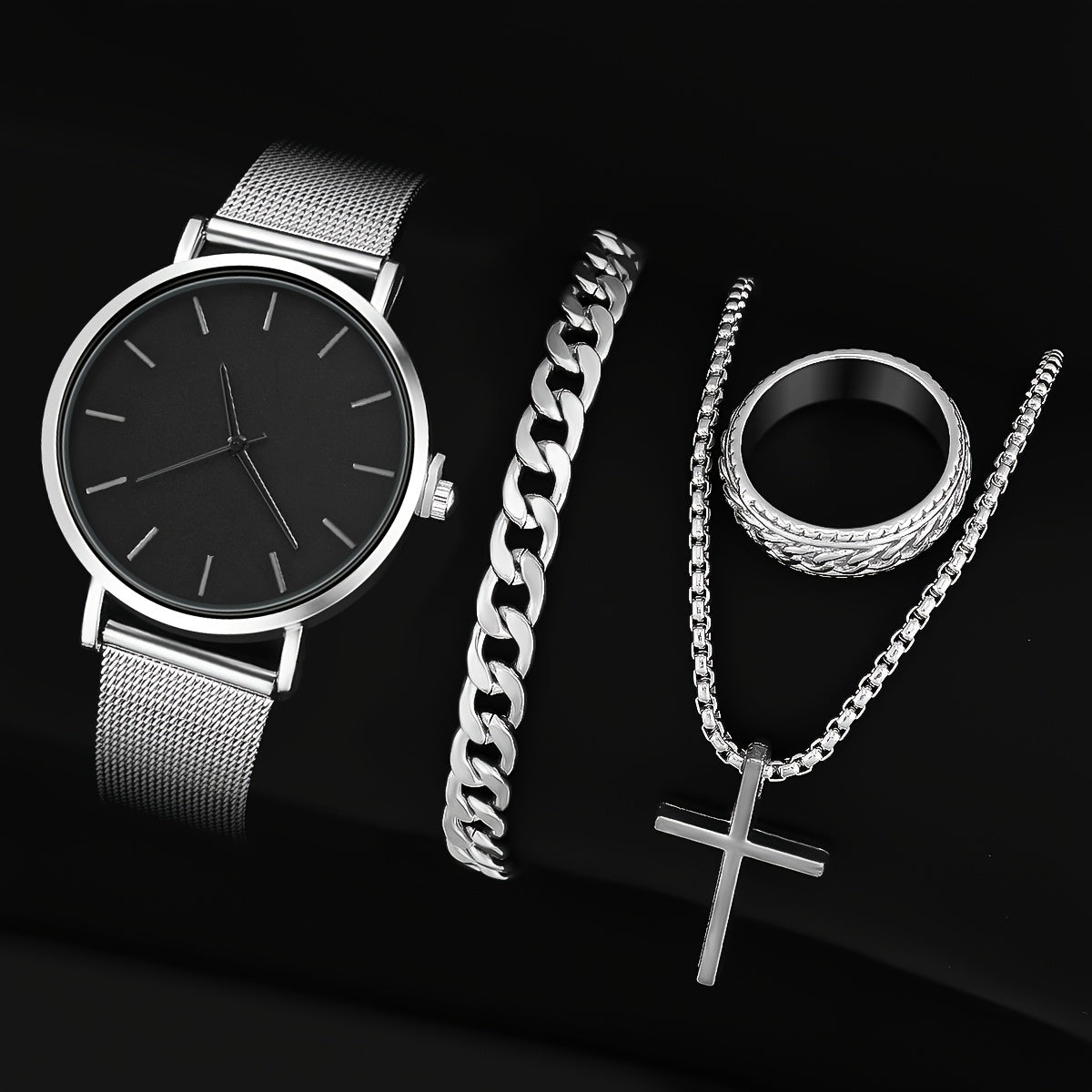 Conjunto de reloj de cuarzo con correa de malla de moda para hombre