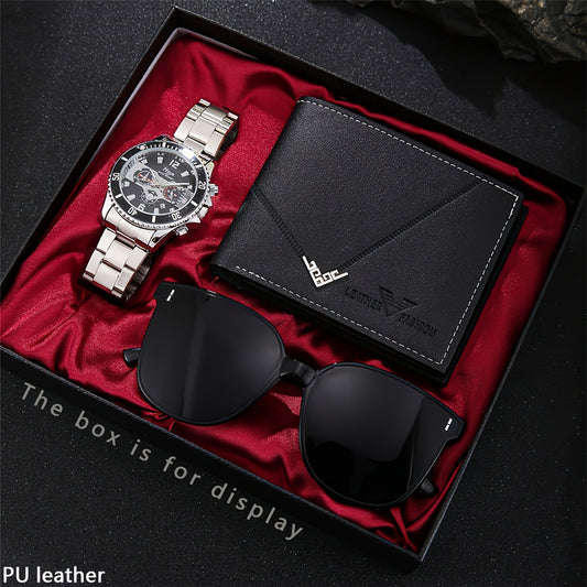Juego de 3 carteras deportivas de piel sintética para hombre, reloj de cuarzo y gafas, caja de regalo.