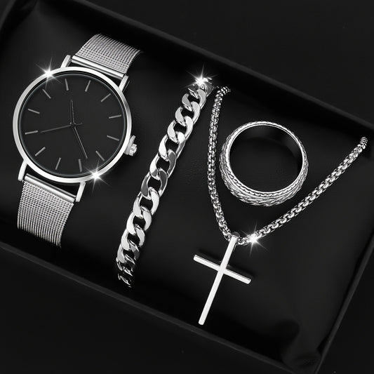 Conjunto de reloj de cuarzo con correa de malla de moda para hombre