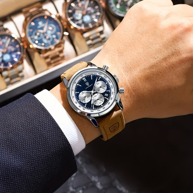 Reloj de cuarzo informal de lujo para hombre, resistente al agua, con calendario luminoso y correa de piel sintética, esfera redonda - POEDAGAR