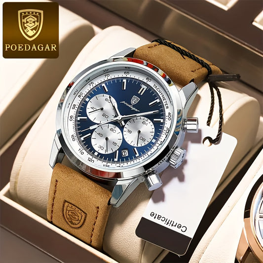 Reloj de cuarzo informal de lujo para hombre, resistente al agua, con calendario luminoso y correa de piel sintética, esfera redonda - POEDAGAR