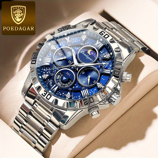 POEDAGAR 2024 - Reloj cronógrafo de cuarzo para hombre, nuevo modelo Business Executivo, resistente al agua, luz nocturna y correa de acero inoxidable.