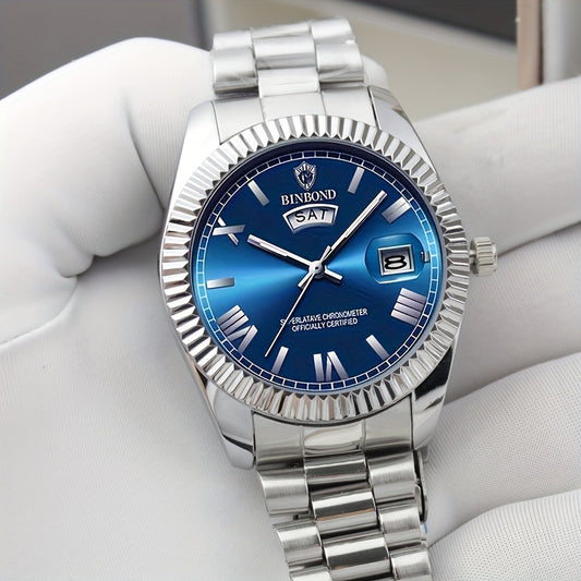 Reloj de cuarzo para hombre, estilo ejecutivo, esfera redonda, correa de acero inoxidable, caja de aleación de zinc, con calendario, no impermeable, accionamiento electrónico, indicador de hora, para un elegante clásico azul.