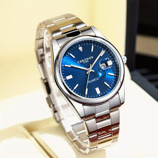 CHRONOS Vintage Men'S Quartz Watch with Calendar - 30.0meter Stainless Steel Strap, Round Zinc Alloy Case, Luminous Hands, Electronic Quartz Movement, Casual Business Style Wristwatch